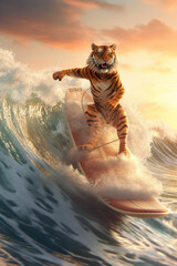 Tiger surfer on a surfboard, having fun on the sea waves, animal surfing on the beach, summer,  funny picture , AI Generative.