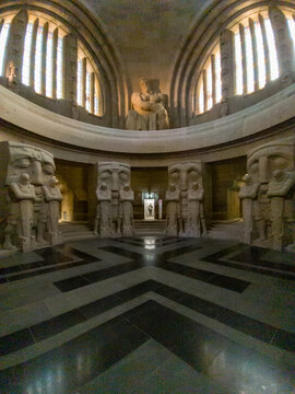 The gigantic monument Battle of the Nations in Leipzig with artificial lake in front and tall statues inside