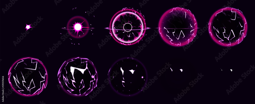 Poster magic electric lightning ball animation sprite for game vector design. pink thunder energy attack fx