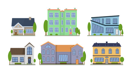 Home facade with doors and windows. Suburban American house exterior flat design front view with roof and some trees. Apartment in a townhouse. Modern buildings in a flat style. Vector illustration.