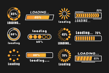 A set of indicators isolated on black background. Web design template, loading interface. Loading bar progress icons, load sign. System software update and upgrade concept. Vector illustration.