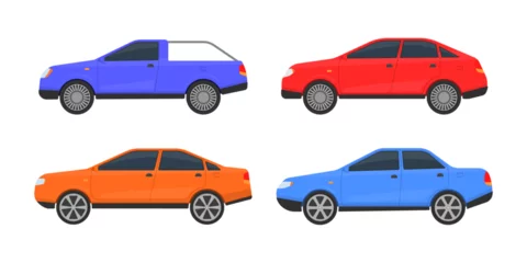 Fototapete Autorennen Urban, city cars and vehicles transport. Set of cars of different colors. A large set of different automobile models on white background. Flat vector illustration, icon for graphic and web design.