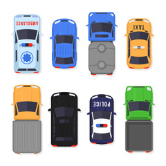 Realistic car design isolated on white background. Set of cars and trucks top view in flat style. Vehicles driving in the city and service transport. Vector illustration, eps 10.