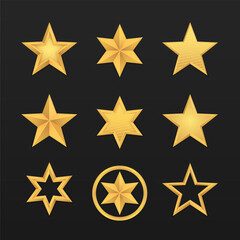 Set of realistic golden 3D star. Glossy Christmas yellow 3D star trophy icon. Leadership symbol. Design elements for holidays. Shiny yellow metal badge or medal template. Vector illustration, eps 10.