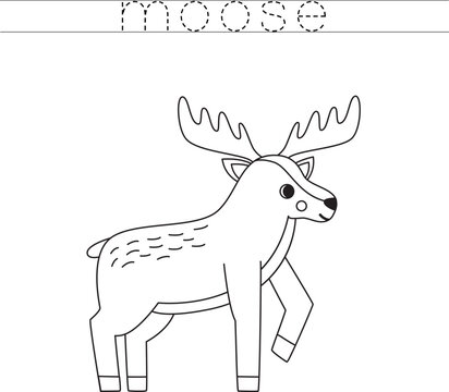 Trace the letters and color cartoon moose. Handwriting practice for kids.