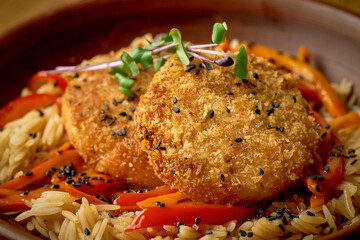 Rice with vegetables, with vegetable cutlets in a plate on a wooden background