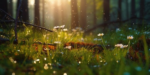 Forest in the morning after the rain. Generative AI