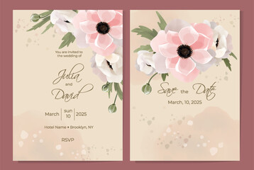 Obraz na płótnie Canvas Pink anemone flowers watercolor floral design, rustic style. Wedding invitation template, notebook cover design, floral birthday card.