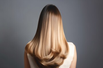 Naklejka premium woman from behind with wonderful long hair that is freshly dyed balayage, ideas for hairstylists - Generative AI