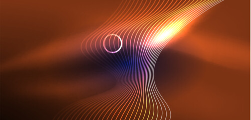 Neon laser lines, circles waves abstract background. Neon light or laser show, electric impulse, power lines, techno quantum energy impulse, magic glowing dynamic lines