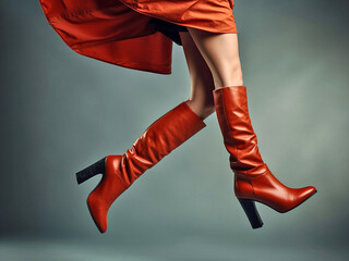 Playful beautiful female legs in a jump, shod in red boots, close-up. Generative AI