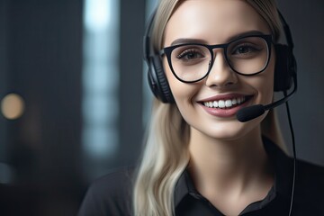 Attractive business woman Asian in suits and headsets are smiling while working with computer at office. Customer service assistant working in office. Generative Ai.