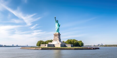 The Statue of Liberty free of tourists and New York City Downtown. Generative Ai.