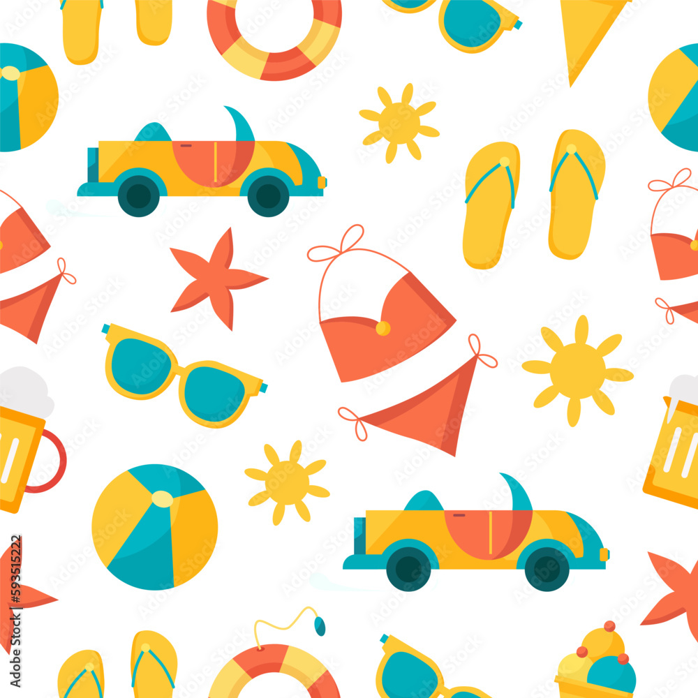 Poster summer vector pattern with bright objects in a flat style on a white background.