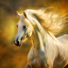 Naklejka na ściany i meble A blurry photo of a white horse in motion. AI generative image