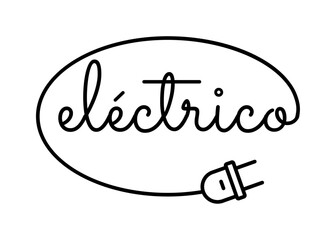 Logo energía eléctrica. Letras de la palabra eléctrico en texto manuscrito en español con forma de cable lineal con enchufe eléctrico formando un óvalo