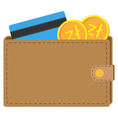 Wallet with polish zloty coins and credit card. Flat vector illustration.