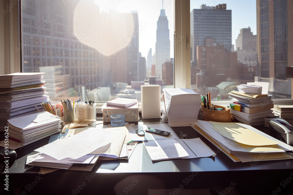 Poster a desk with a lot of papers on it. ai generative image