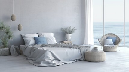 Fototapeta na wymiar Serene Coastal-Themed Bedroom with Soothing Gray and Blue Palette