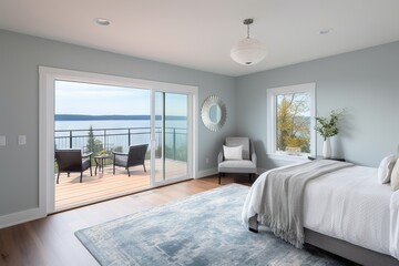 Obraz premium Serene Coastal-Themed Bedroom with Soothing Gray and Blue Palette