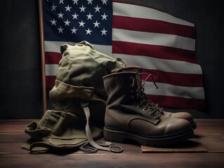 US army boots and american flag. Generative ai
