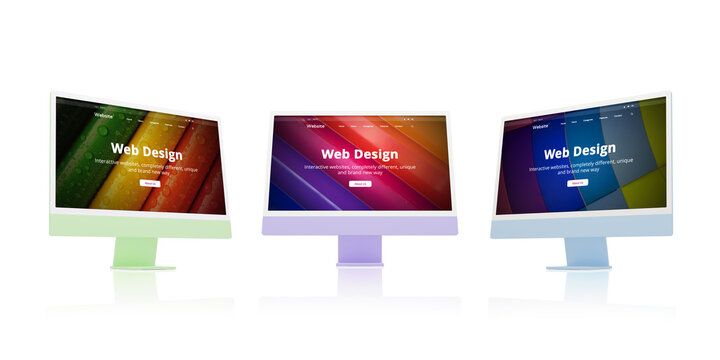 Colorful displays on a desk, showcasing a unique web design studio concept web page. Creativity, digital rendering, and modern web design concept