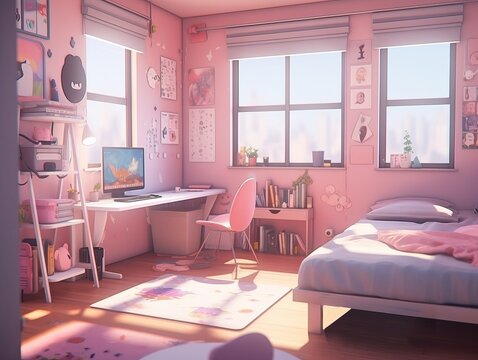 Girl bedroom interior design, pinky wall paint, cozy, cute and fun. Generative ai