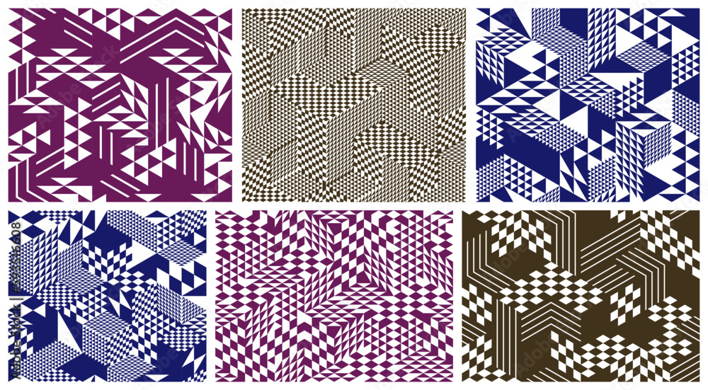 Poster seamless cubes vector backgrounds set, rhombus and triangles boxes repeating tile patterns, 3d archi