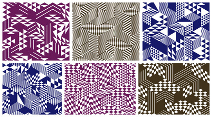Seamless cubes vector backgrounds set, rhombus and triangles boxes repeating tile patterns, 3D architecture and construction, geometric designs.