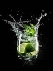 Cocktail splash with mint leaf and line slice, fresh drink, suitable for drink advertising. Generative ai
