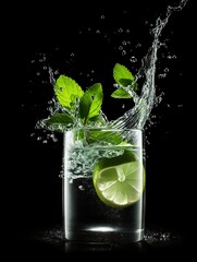 Fototapeta na wymiar cocktail splash with lime and mint leaf. Generative ai