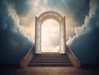 Illustration of a door to heaven in the sky with clouds and sunlights. Generative ai