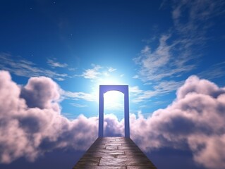 Illustration of a gate of heaven, with sunlight and epic clouds in the sky. Generative ai