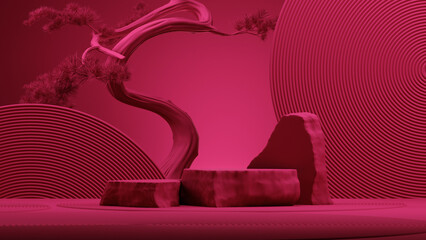 3d stone podium and bonsai tree with viva magenta color background. japanese style concept for product background. 3d rendering illustration.