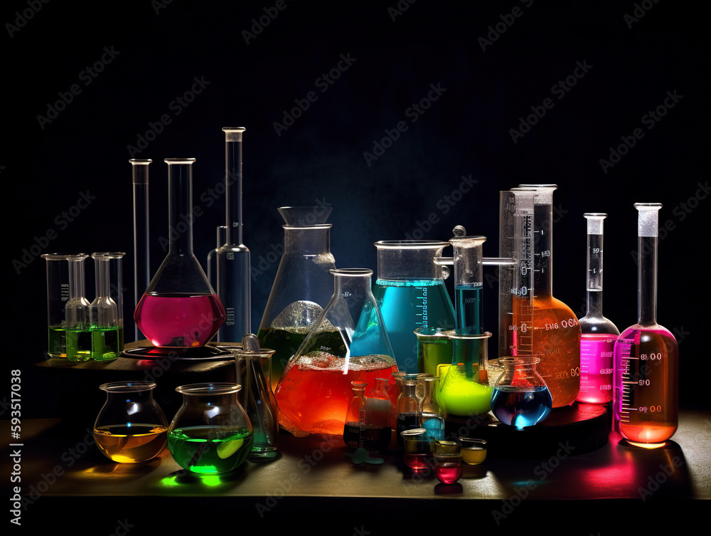 Poster a table topped with lots of different colored flasks. ai generative image