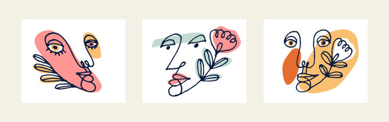 Abstract face girl vector portrait set, abstraction art woman head, hand drawn minimal modern artwork, painted human facial abstraction.