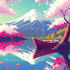 Mount Fuji with cherry blossom in spring, Japan. Japanese landscape illustration, ai generation