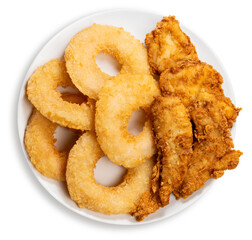 Fried shrimp donut and Crispy Fried Chicken Breast Cutlets in white plate isolated on white background, Fried Chicken and shrimp donut on white With clipping path.