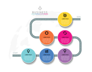 Vector infographic business presentation timeline template connected with 6 options