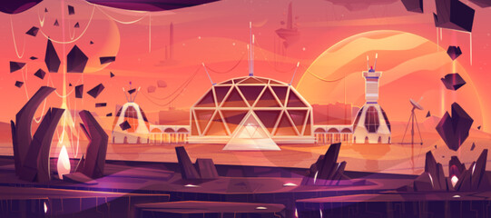 Space colony on Mars planet cartoon landscape. Futuristic alien base station city on desert surface illustration. Futuristic spaceship exploration and colonization game mission scene background. © klyaksun