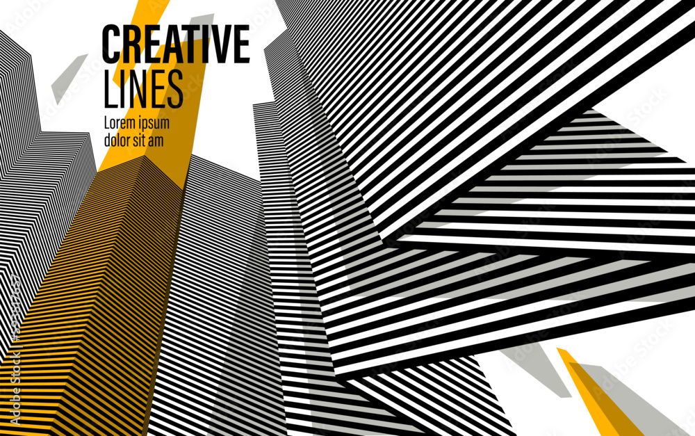 Aufkleber 3d black and white lines in perspective with yellow elements abstract vector background, linear pers