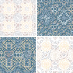 Set of pastel colored seamless tiles, vector ornamental patterns, elegant decorative backgrounds for fabrics, clothing, decoration, home decor, cards and templates, wrapping paper, kids prints.