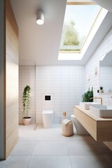 Fototapeta na wymiar Airy Bathroom with Light Wooden Accents and Soft Pastels
