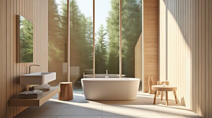 Fototapeta premium Airy Bathroom with Light Wooden Accents and Soft Pastels