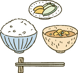 ご飯と味噌汁と漬物　和食のイラストレーション