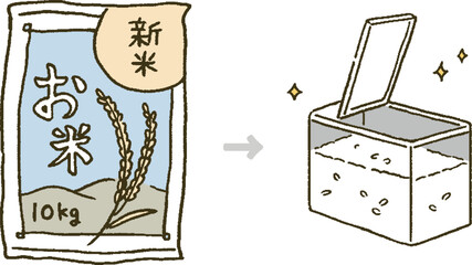 ライスストッカーとお米の袋のイラストレーションセット