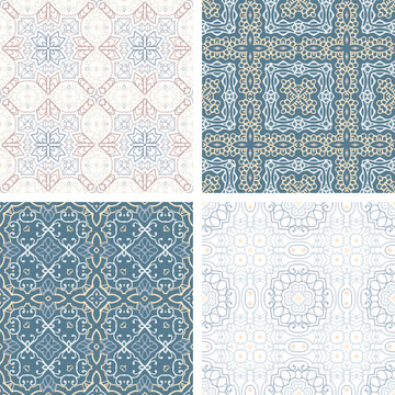 Set of pastel colored seamless tiles, vector ornamental patterns, elegant decorative backgrounds for fabrics, clothing, decoration, home decor, cards and templates, wrapping paper, kids prints.