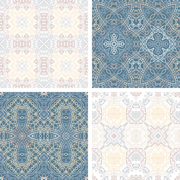 Set of pastel colored seamless tiles, vector ornamental patterns, elegant decorative backgrounds for fabrics, clothing, decoration, home decor, cards and templates, wrapping paper, kids prints.