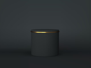 Black podium on dark background. 3d render minimal display pedestal empty studio. Black showroom mockup for product presentation. Realistic vector illustration