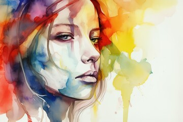 Abstract watercolor illustration of a woman's face. Beautiful young woman model, facial portrait. Glamorous girl fashion illustration. Stylish art sketch of female character. Beauty and style banner.